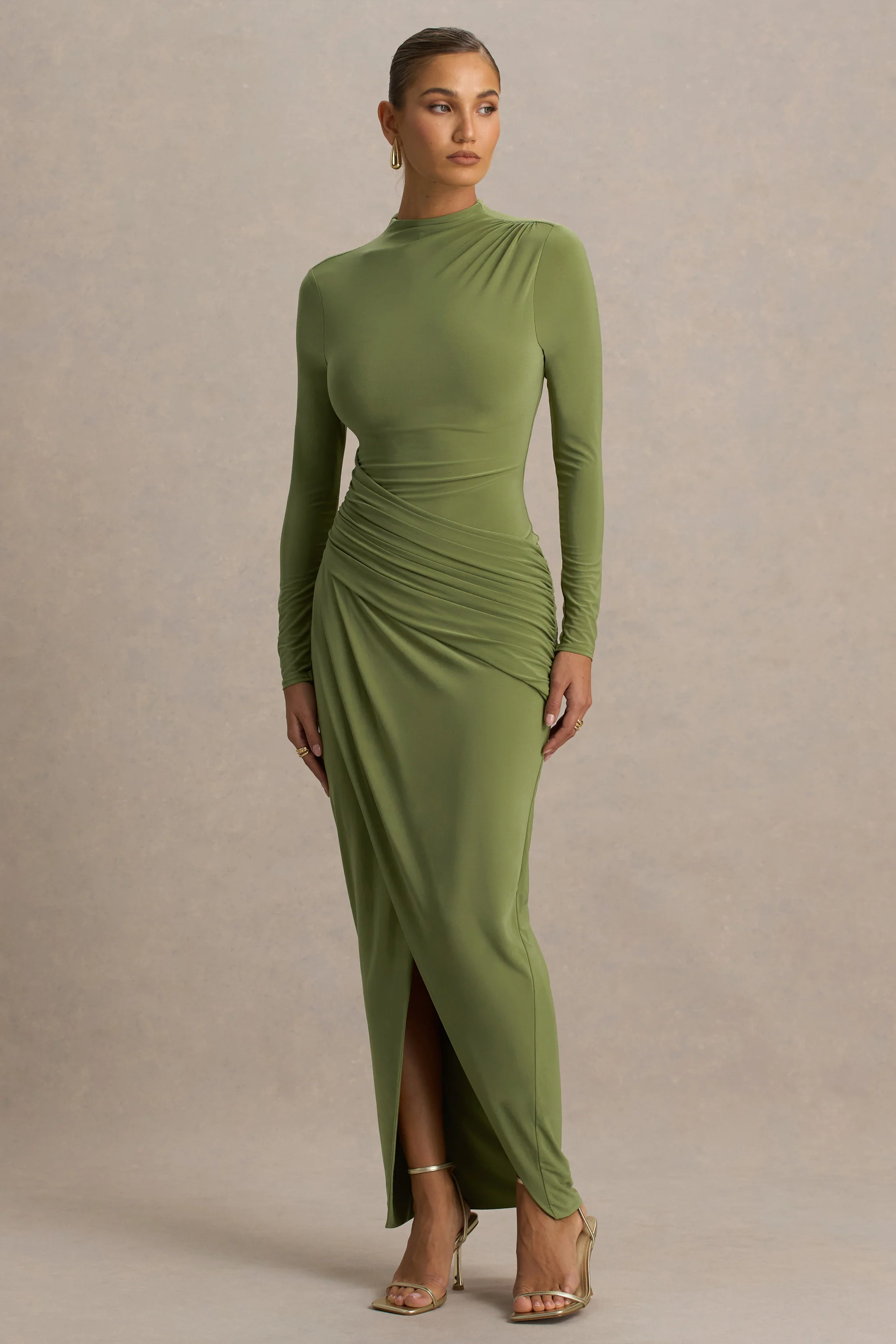 Zephyra | Olive High-Neck Wrapped Maxi Dress - Image 4