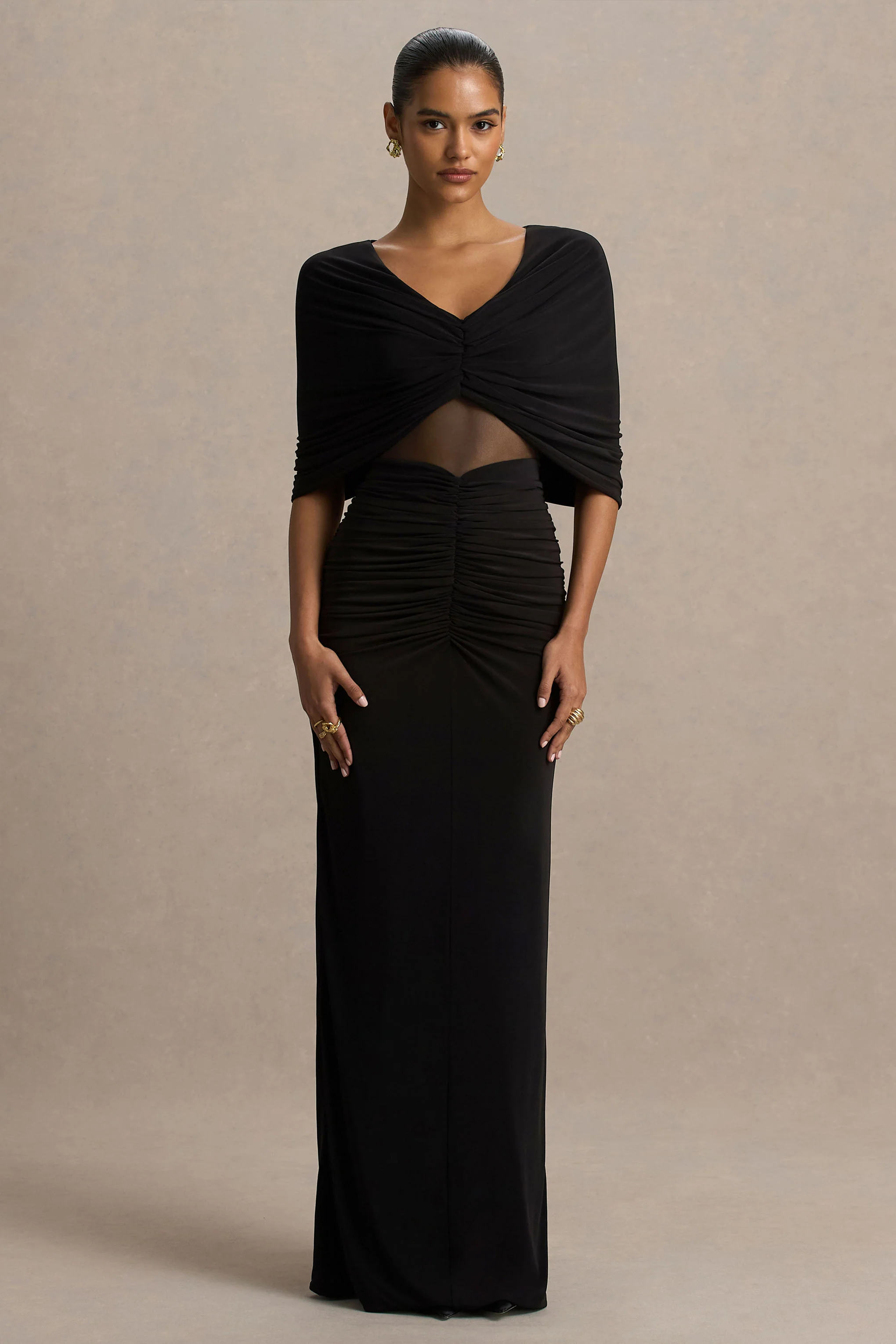 Zinnie | Black Cape-Sleeve Maxi Dress With Mesh Panel - Image 5