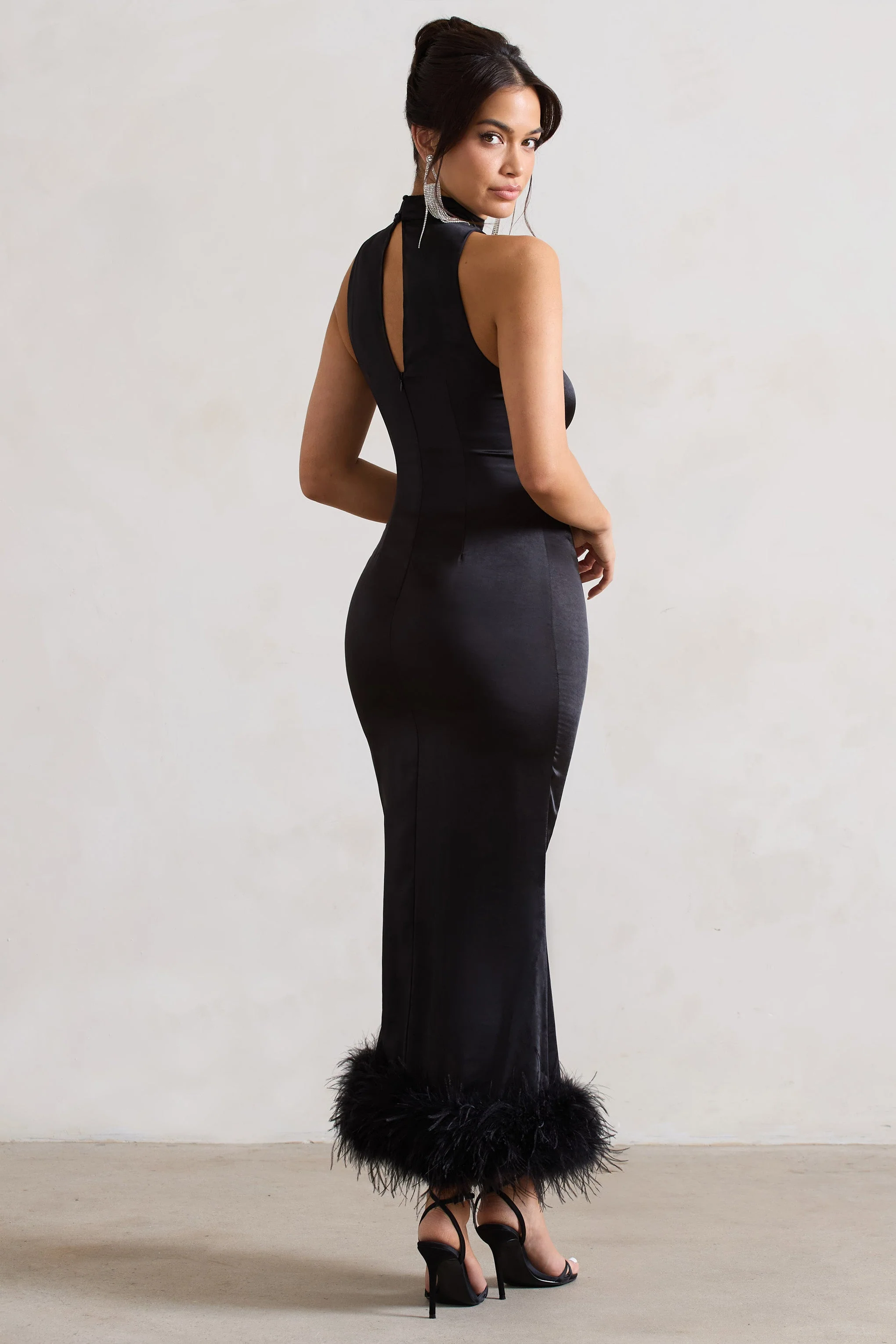 Zoe | Black Satin Twist Split Maxi Dress With Feather Trim - Image 2