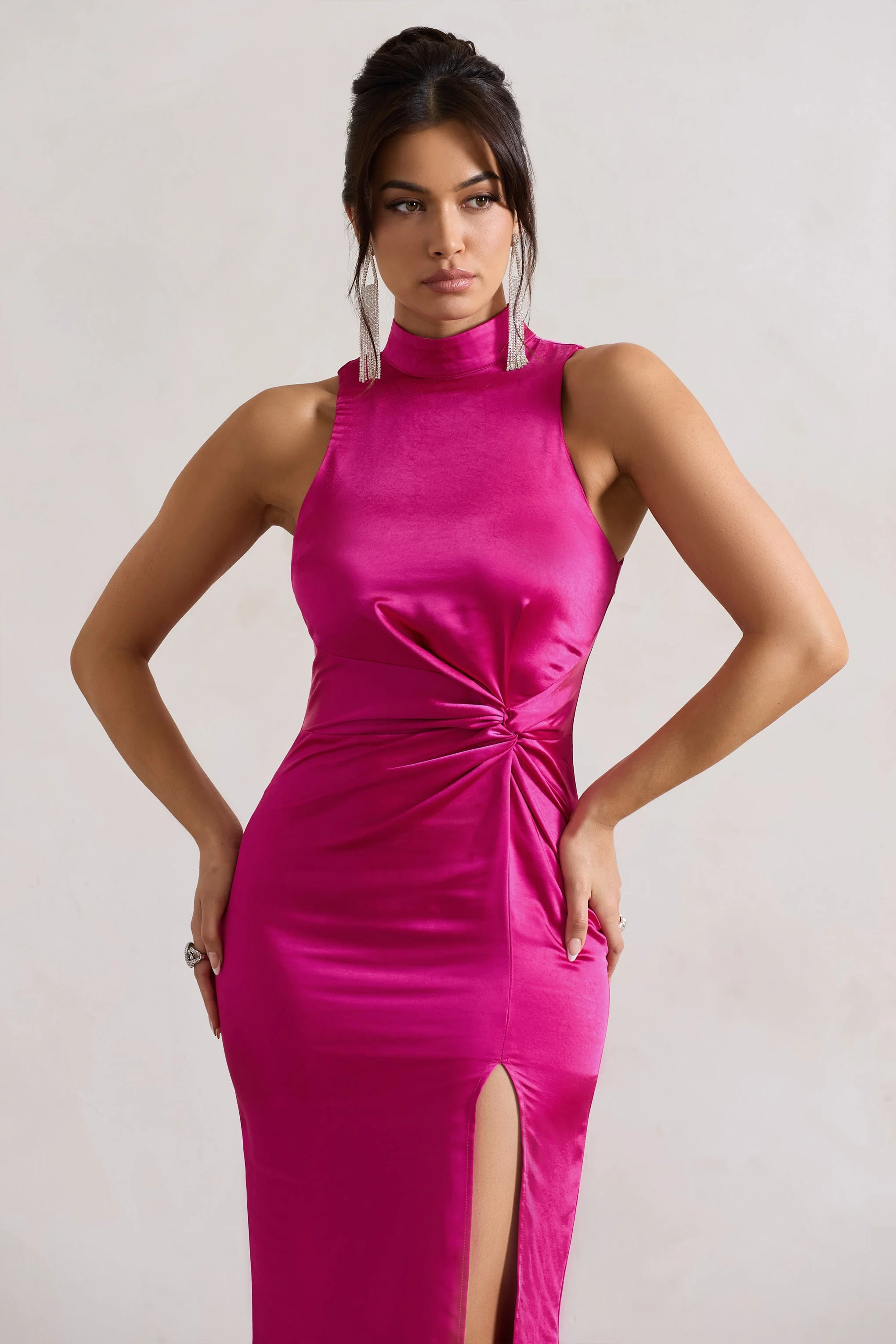 Zoe | Dark Pink Satin Twist Split Maxi Dress With Feather Trim - Image 2