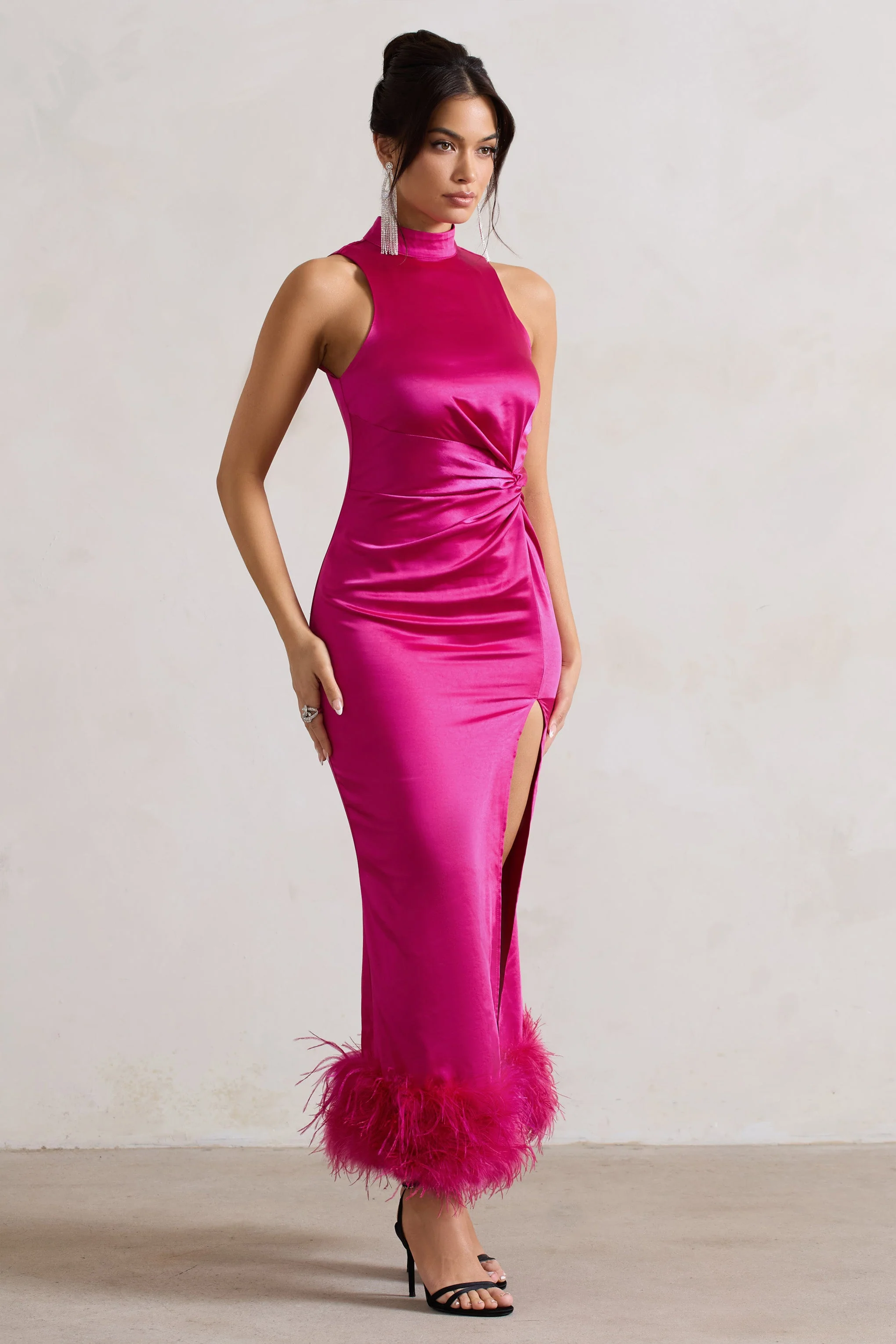 Zoe | Dark Pink Satin Twist Split Maxi Dress With Feather Trim - Image 4