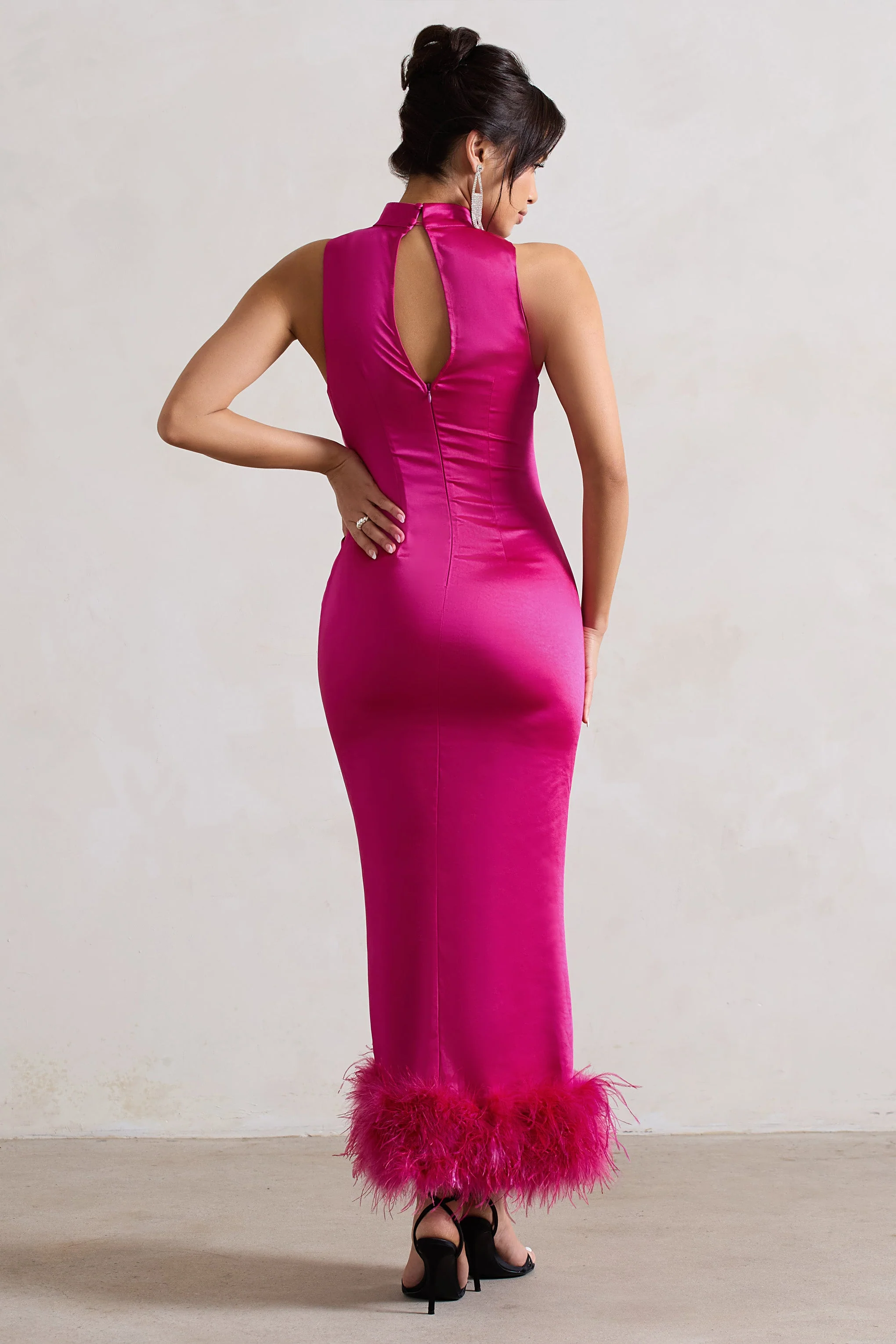 Zoe | Dark Pink Satin Twist Split Maxi Dress With Feather Trim - Image 5