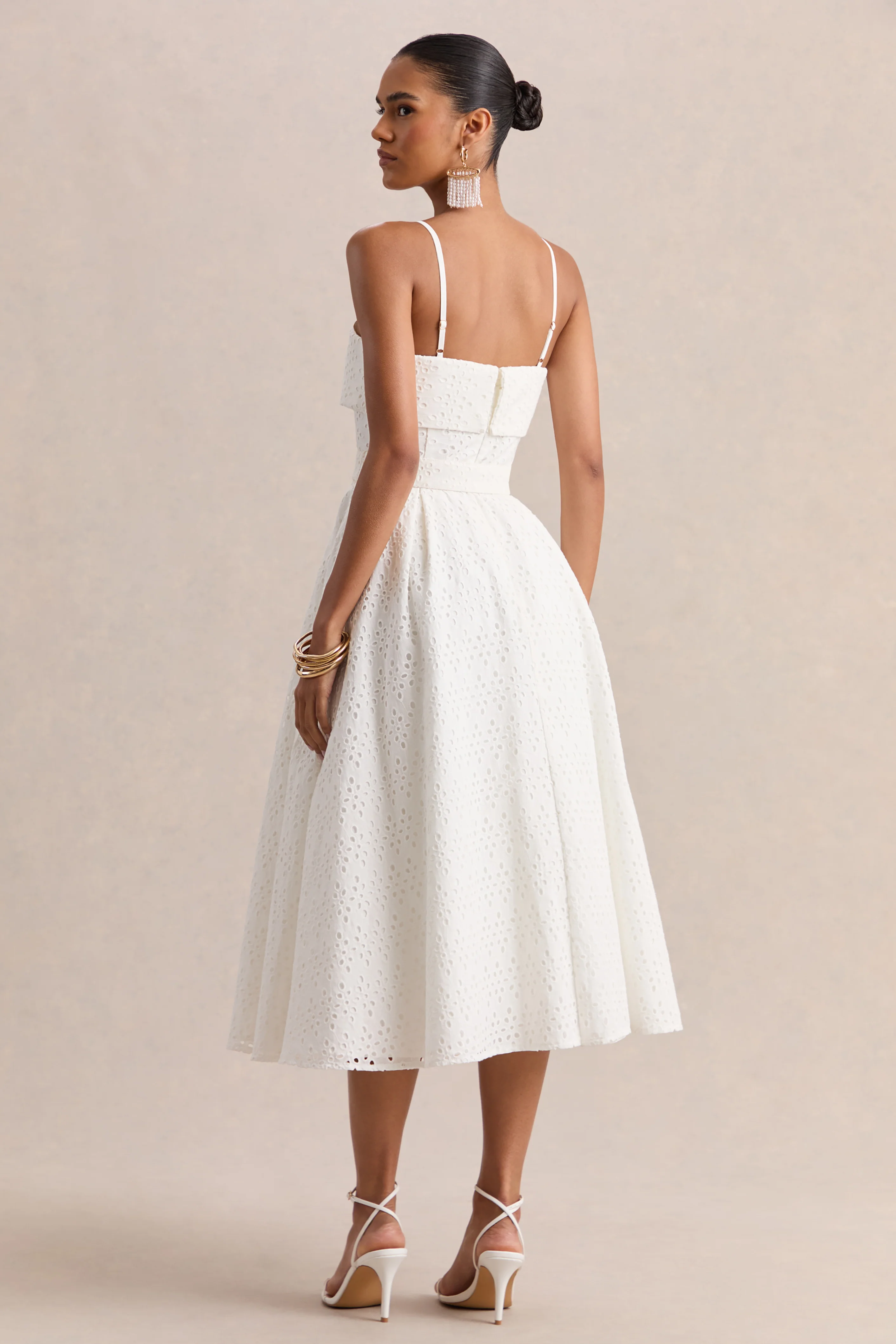Zoeva | Cream Broderie Square-Neck Belted Midi Dress - Image 2