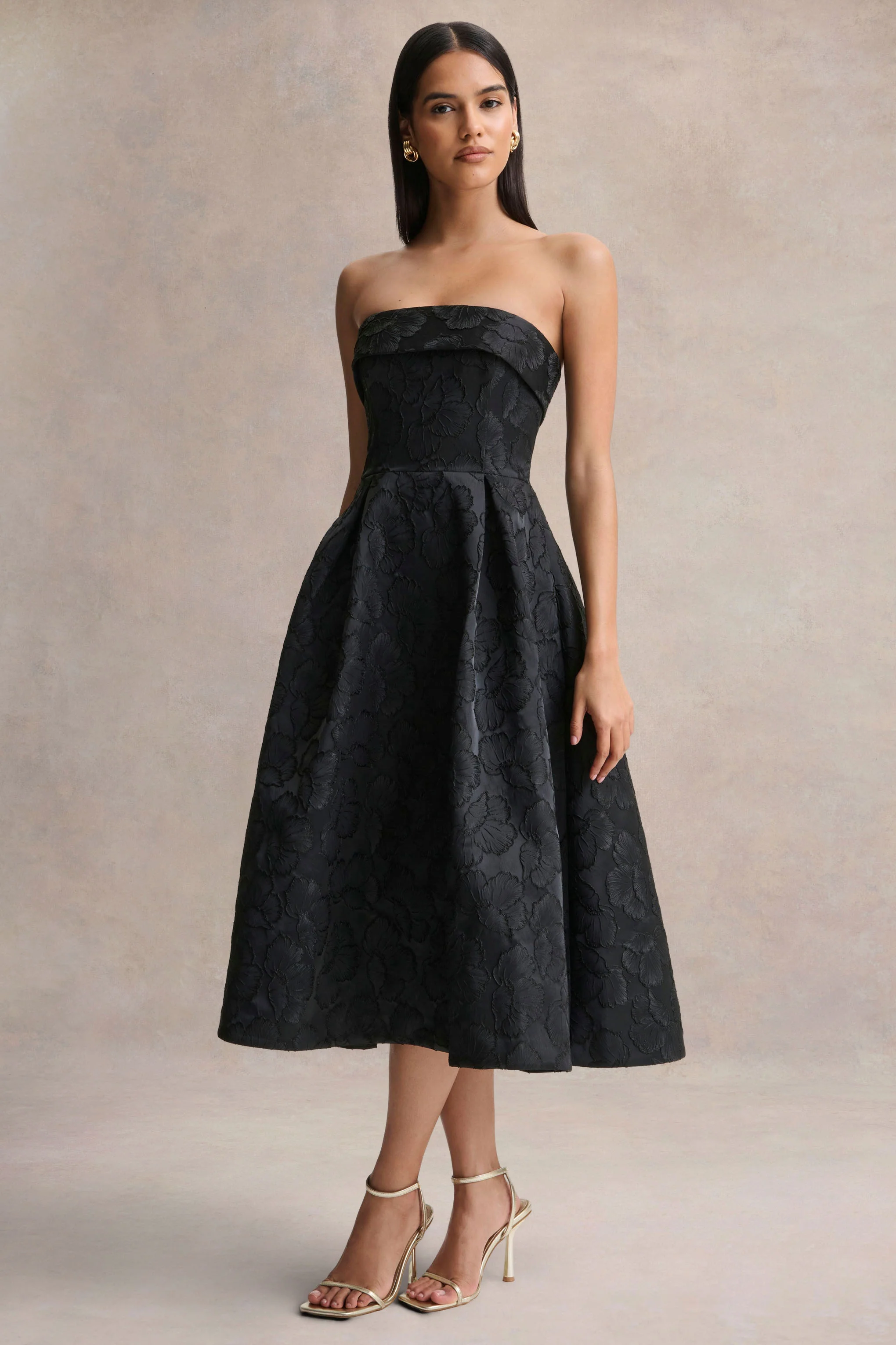 Zuma | Black Metallic Jacquard Strapless Midi Dress - Image 4