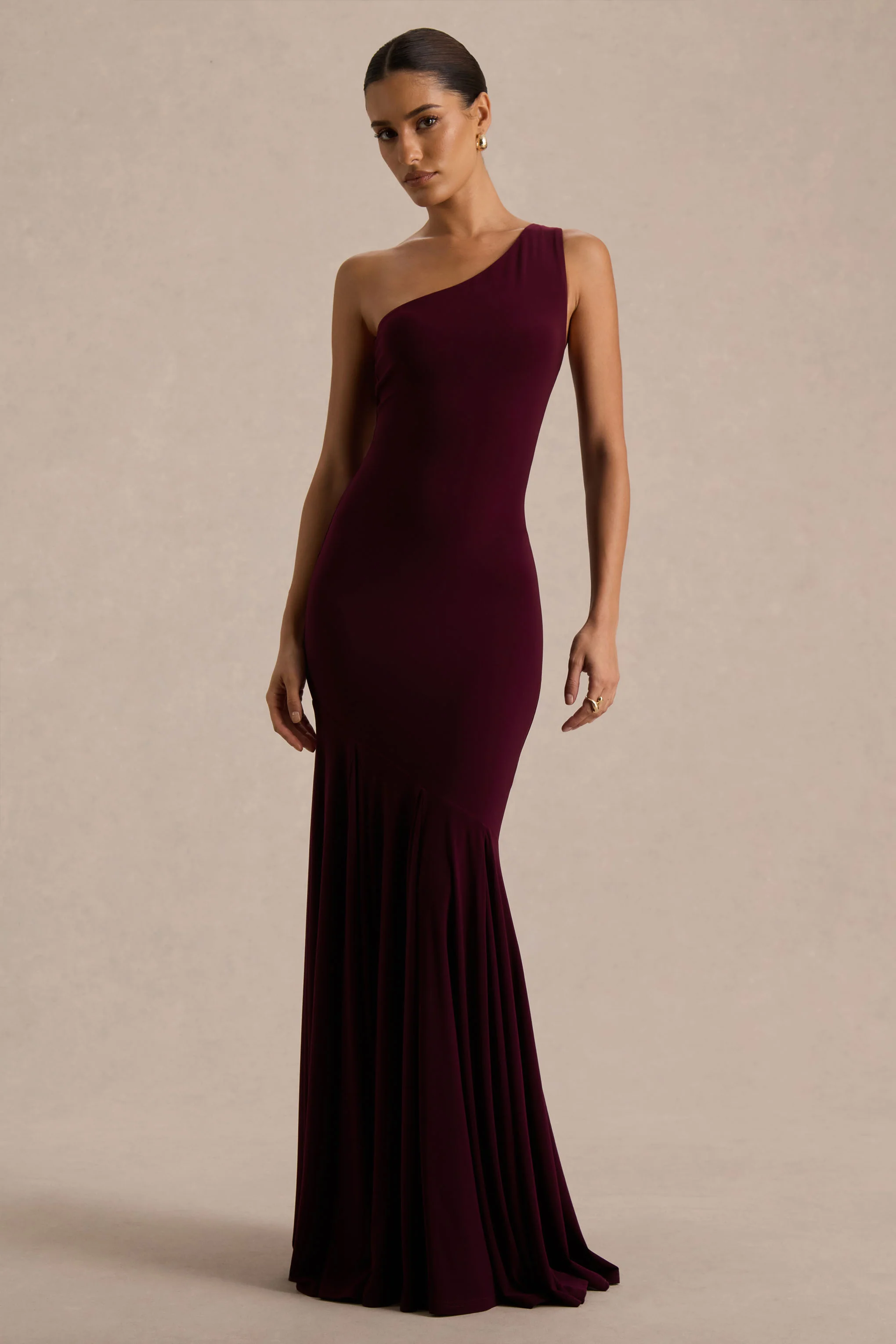 Zya | Dark Plum Asymmetric-Neck Fishtail Maxi Dress - Image 3